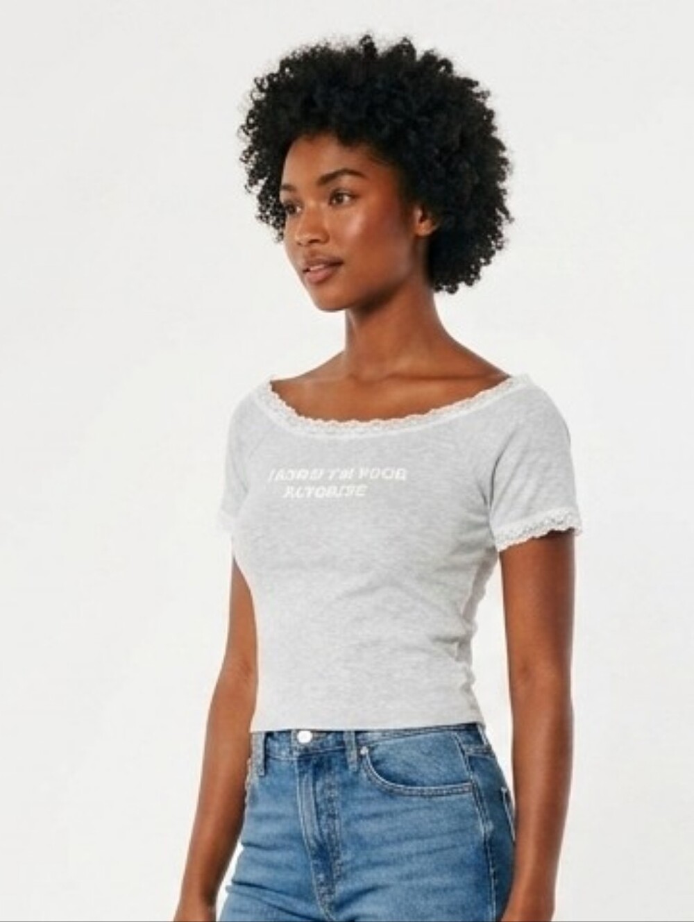 Full Tilt Light Gray Lace-Trim Crop Top
